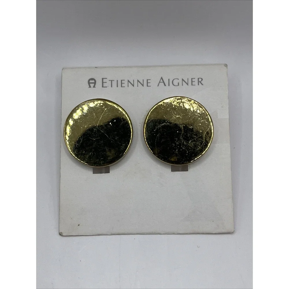 Vintage Etienne Aigner Gold‎ Tone Round Earrings - Picture 2 of 5